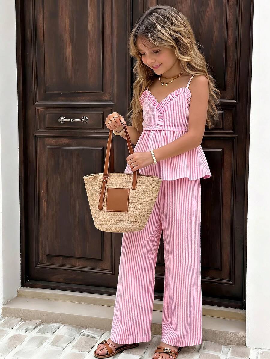 Tween girls 2-piece set featuring a short V-neck ruffle camisole top and matching long pants made of bubble crinkle fabric.