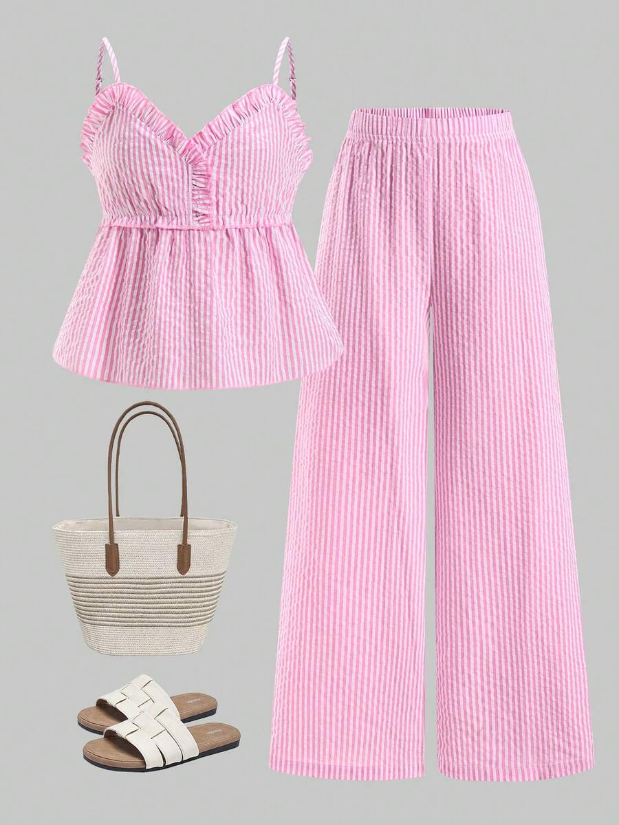 Tween girls 2-piece set featuring a short V-neck ruffle camisole top and matching long pants made of bubble crinkle fabric.
