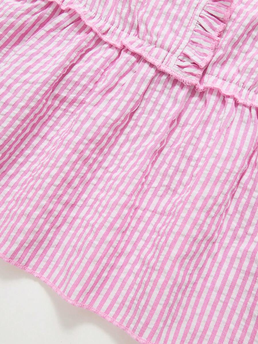 Tween girls 2-piece set featuring a short V-neck ruffle camisole top and matching long pants made of bubble crinkle fabric.