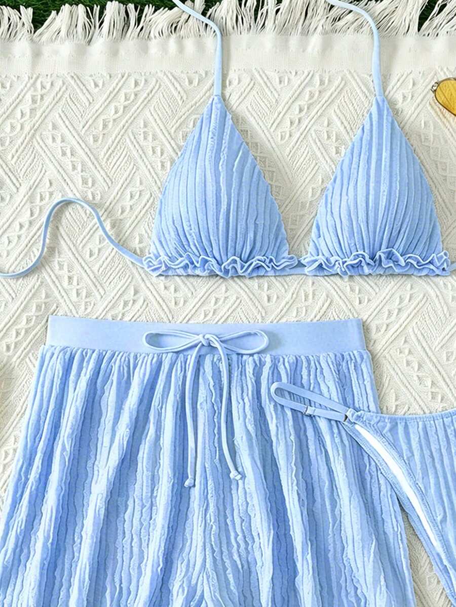 Women's 3-piece frill trim bikini set with halter tie-back top and high waist bottoms.