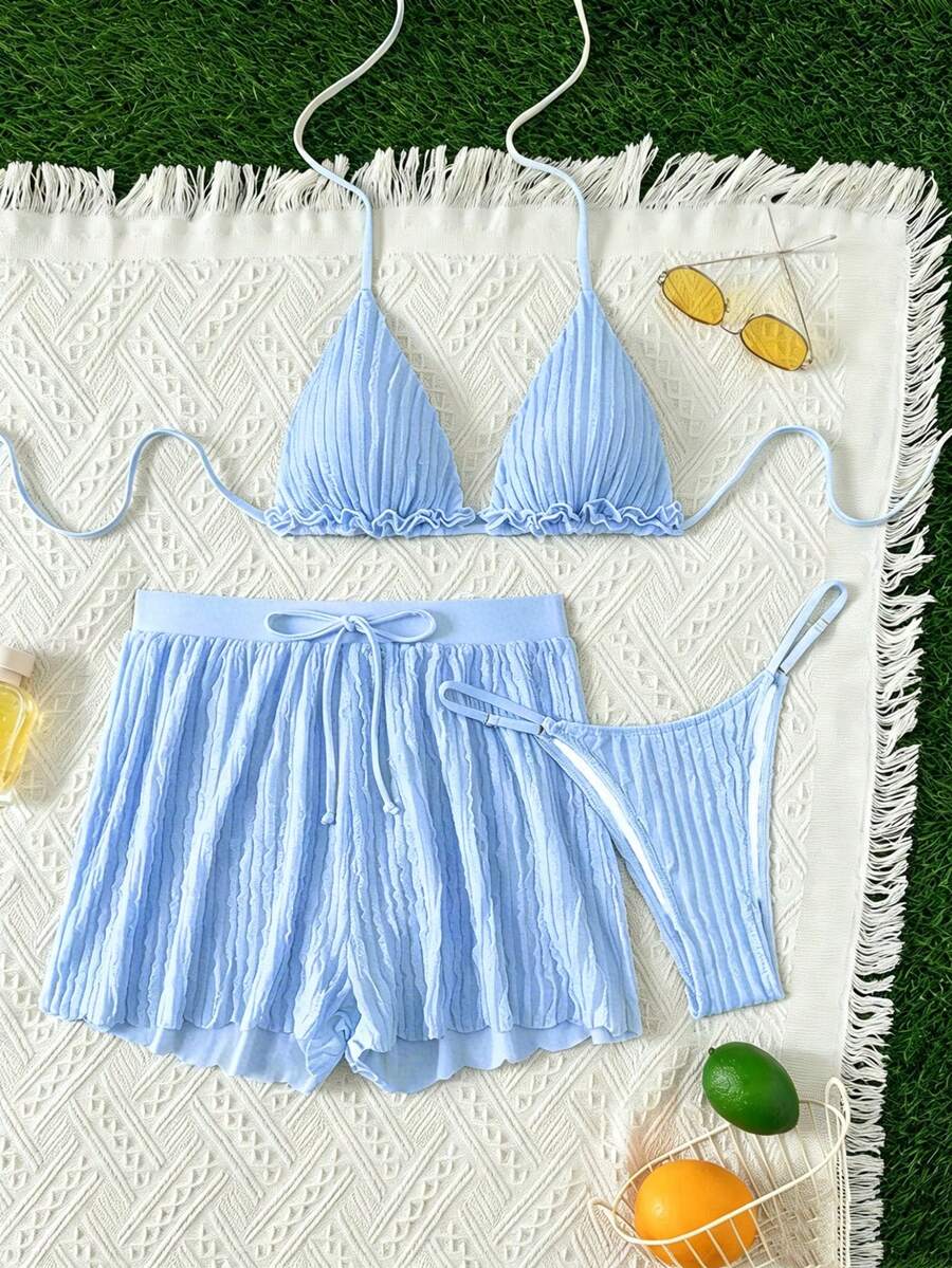 Women's 3-piece frill trim bikini set with halter tie-back top and high waist bottoms.