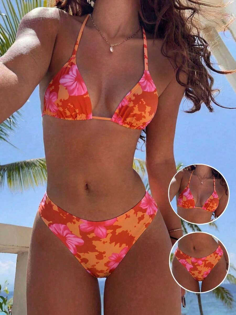 Women's apricot 2-piece halter bikini set featuring a wireless triangle top with tie-back detail and high-waisted high-cut bottoms.