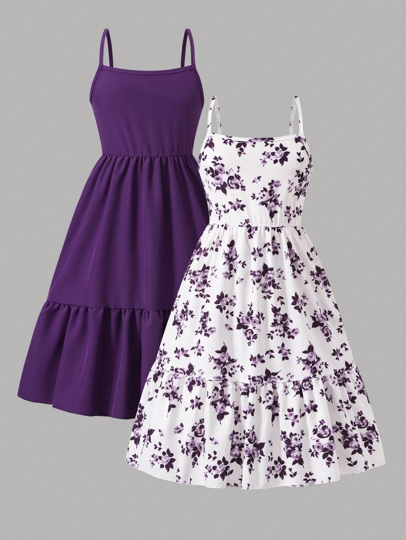 Tween girl blue plant print spaghetti strap cami dress with shirred high waist and flounce ruffled hem