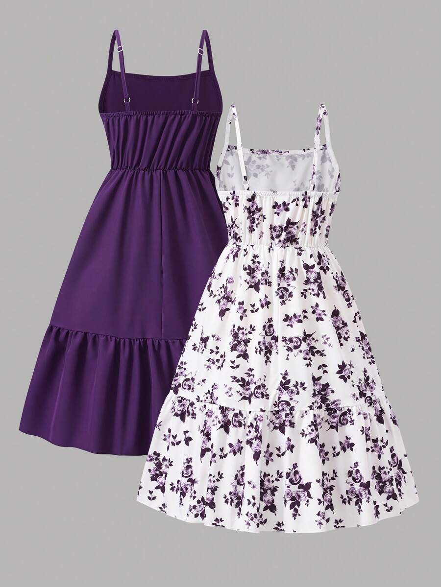 Tween girl blue plant print spaghetti strap cami dress with shirred high waist and flounce ruffled hem