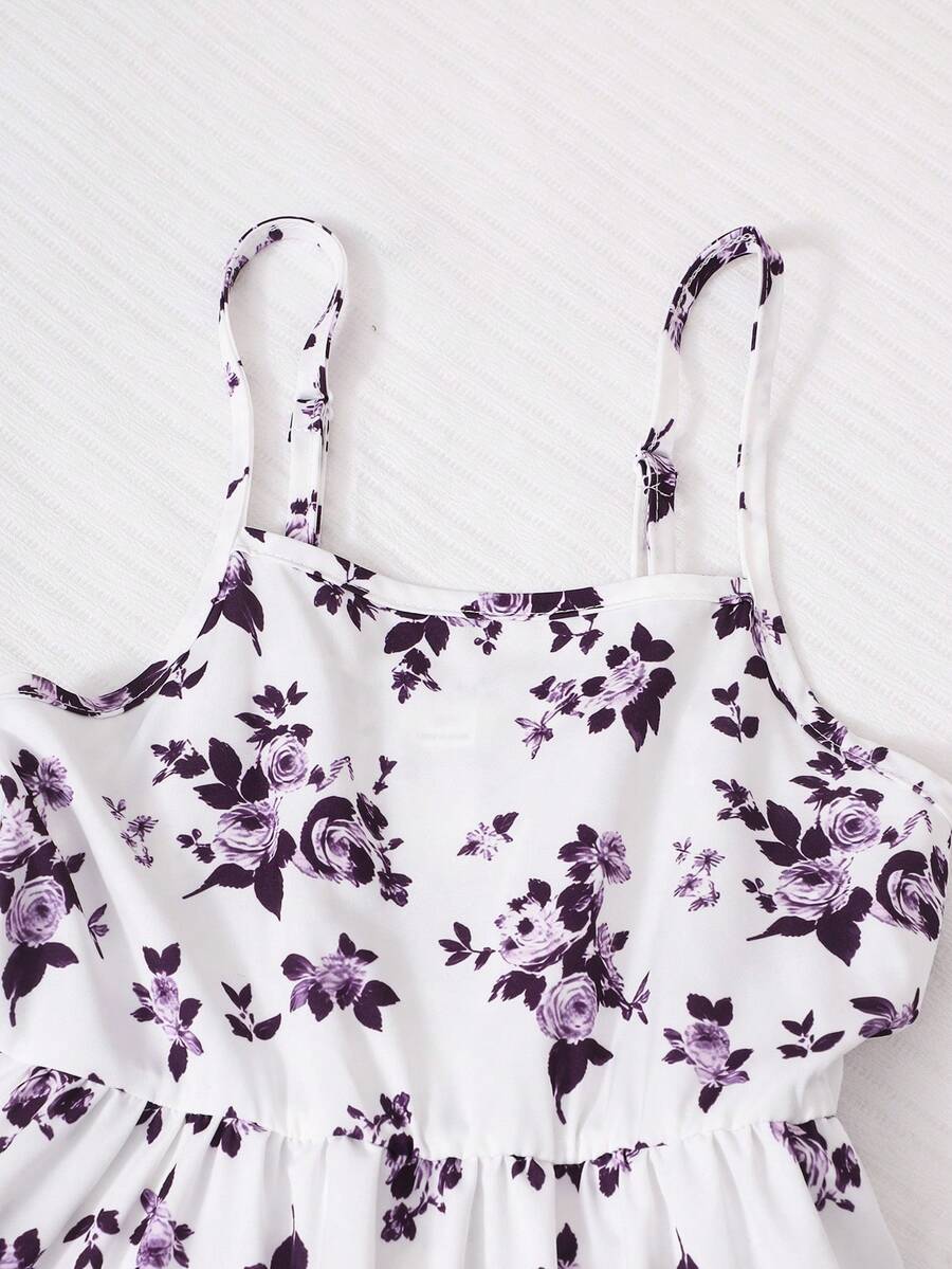 Tween girl blue plant print spaghetti strap cami dress with shirred high waist and flounce ruffled hem