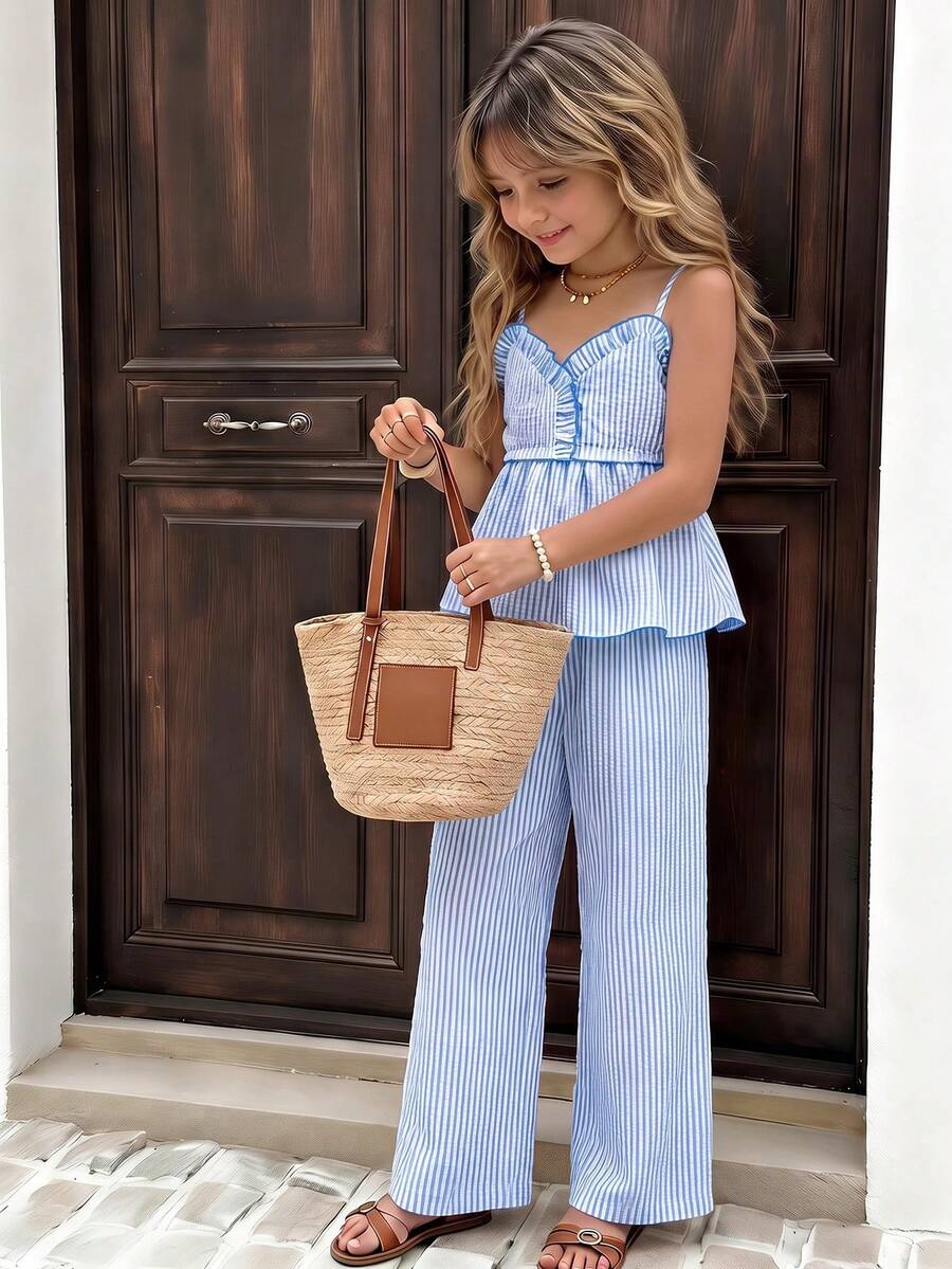 Tween girls 2-piece set featuring a short V-neck ruffle camisole top and matching long pants made of bubble crinkle fabric.