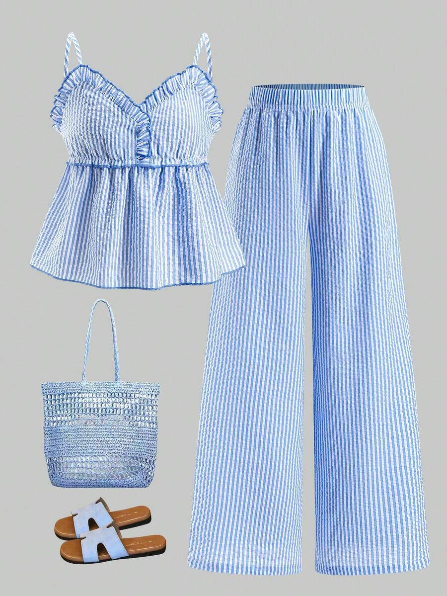 Tween girls 2-piece set featuring a short V-neck ruffle camisole top and matching long pants made of bubble crinkle fabric.