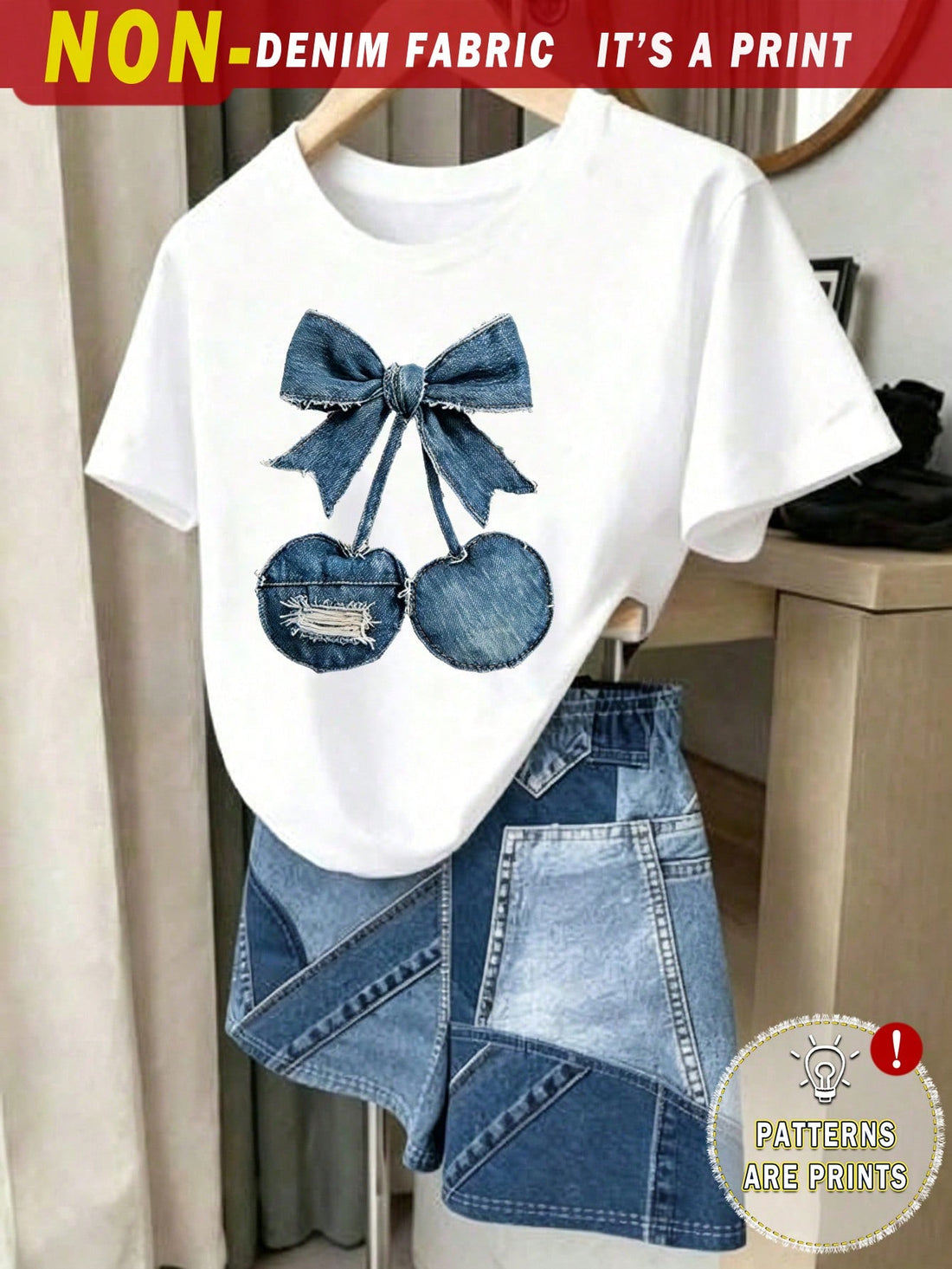 Girls' multicolor short sleeve T-shirt and shorts set featuring a cute cherry and bow print with round neck top and matching shorts.