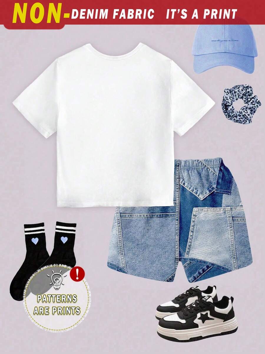 Girls' multicolor short sleeve T-shirt and shorts set featuring a cute cherry and bow print with round neck top and matching shorts.