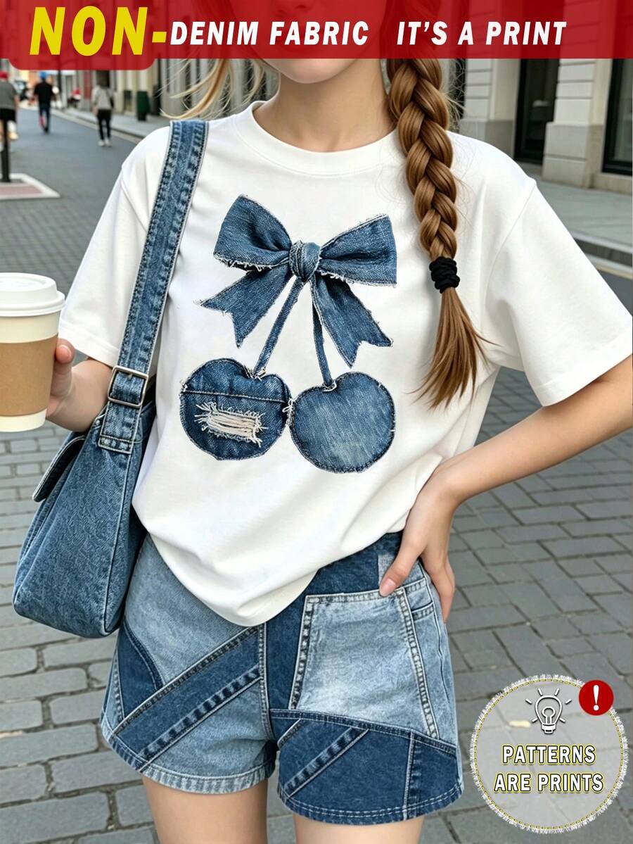 Girls' multicolor short sleeve T-shirt and shorts set featuring a cute cherry and bow print with round neck top and matching shorts.