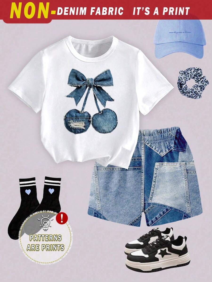 Girls' multicolor short sleeve T-shirt and shorts set featuring a cute cherry and bow print with round neck top and matching shorts.