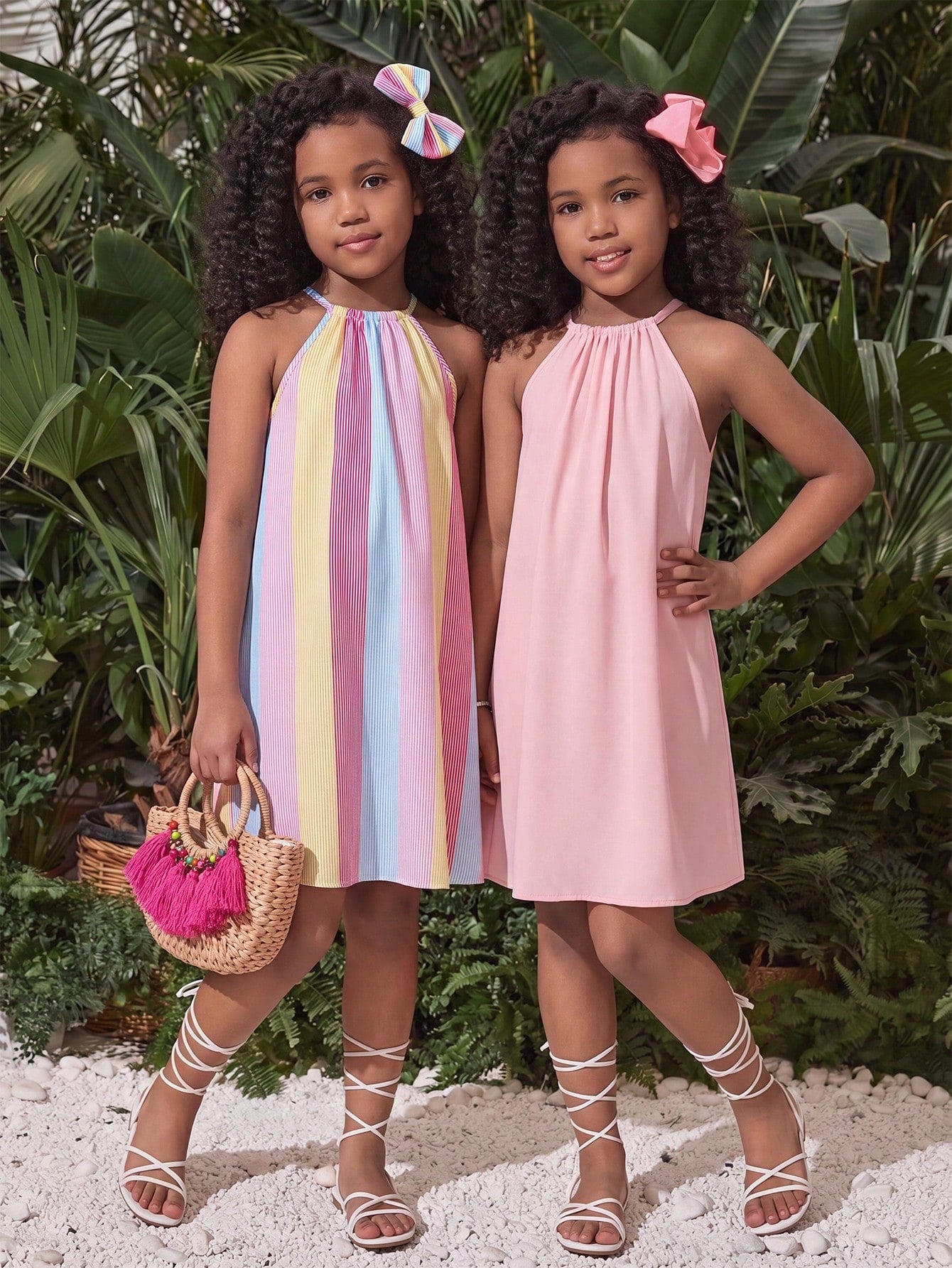 Tween girls sleeveless halter tunic dress with colorful rainbow striped colorblock pattern, button detail, short length, and regular fit for summer vacation or beach wear.