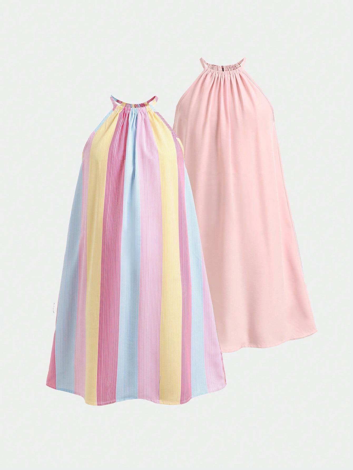 Tween girls sleeveless halter tunic dress with colorful rainbow striped colorblock pattern, button detail, short length, and regular fit for summer vacation or beach wear.
