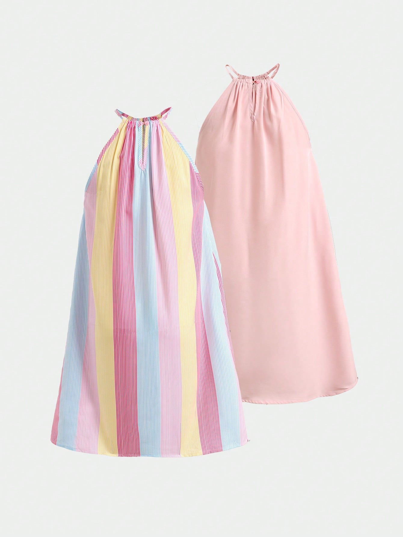 Tween girls sleeveless halter tunic dress with colorful rainbow striped colorblock pattern, button detail, short length, and regular fit for summer vacation or beach wear.