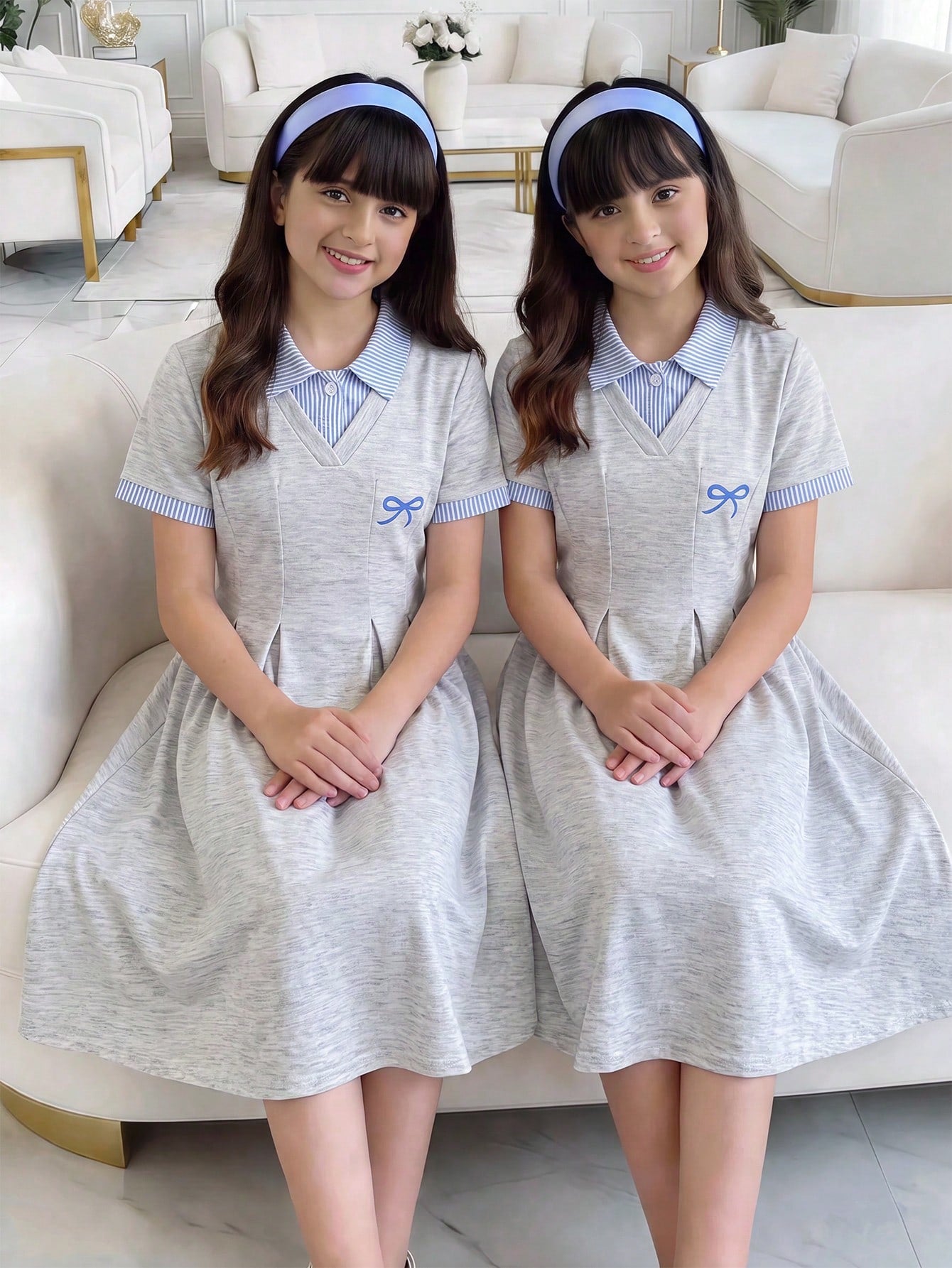 Tween girl wearing an apricot short sleeve A-line dress featuring a round neck, high waist with a belt, and flared hem.