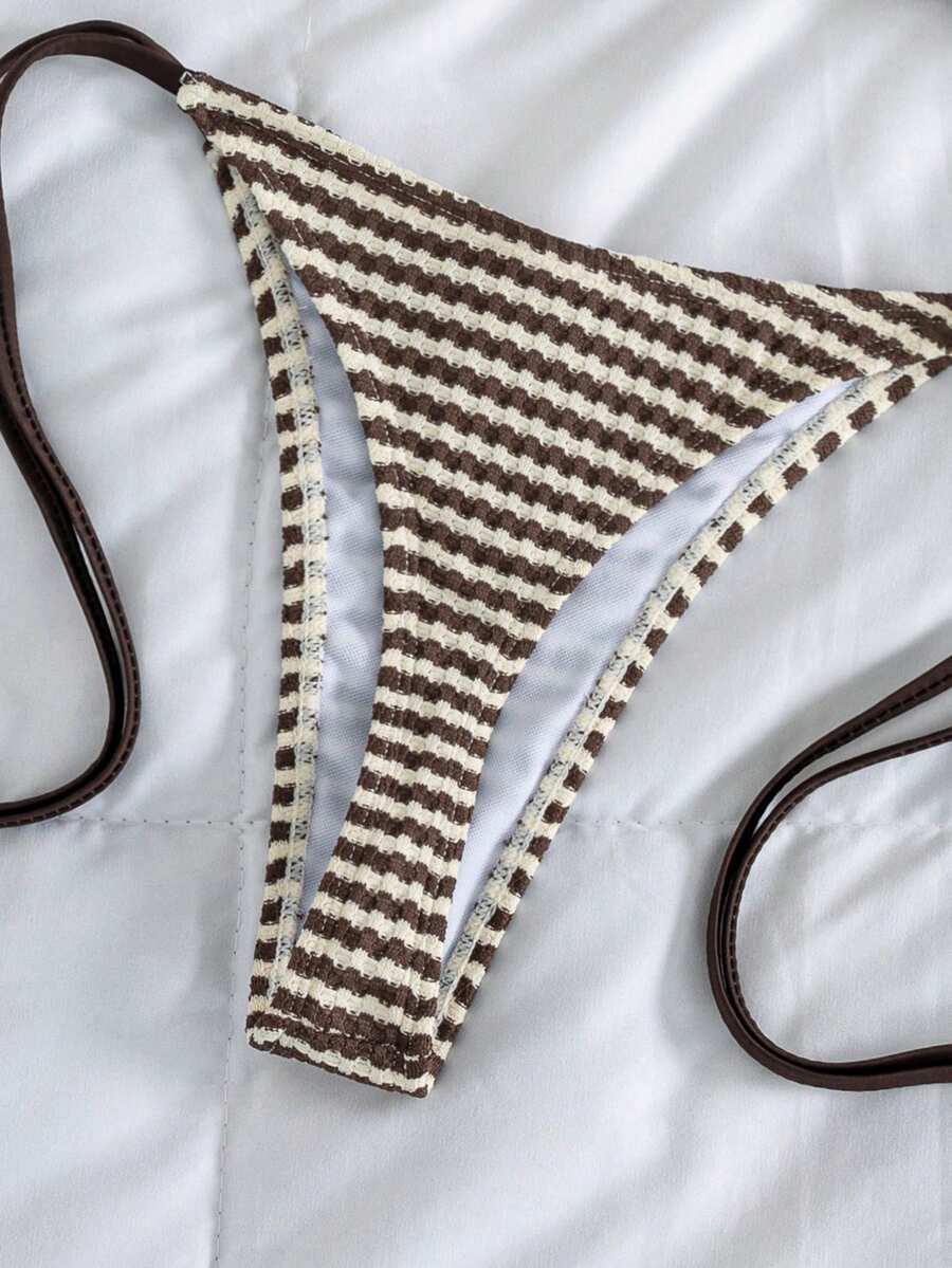 Apricot plain halter triangle bikini swimwear set with tie back top and low waist tie side thong bottom for women