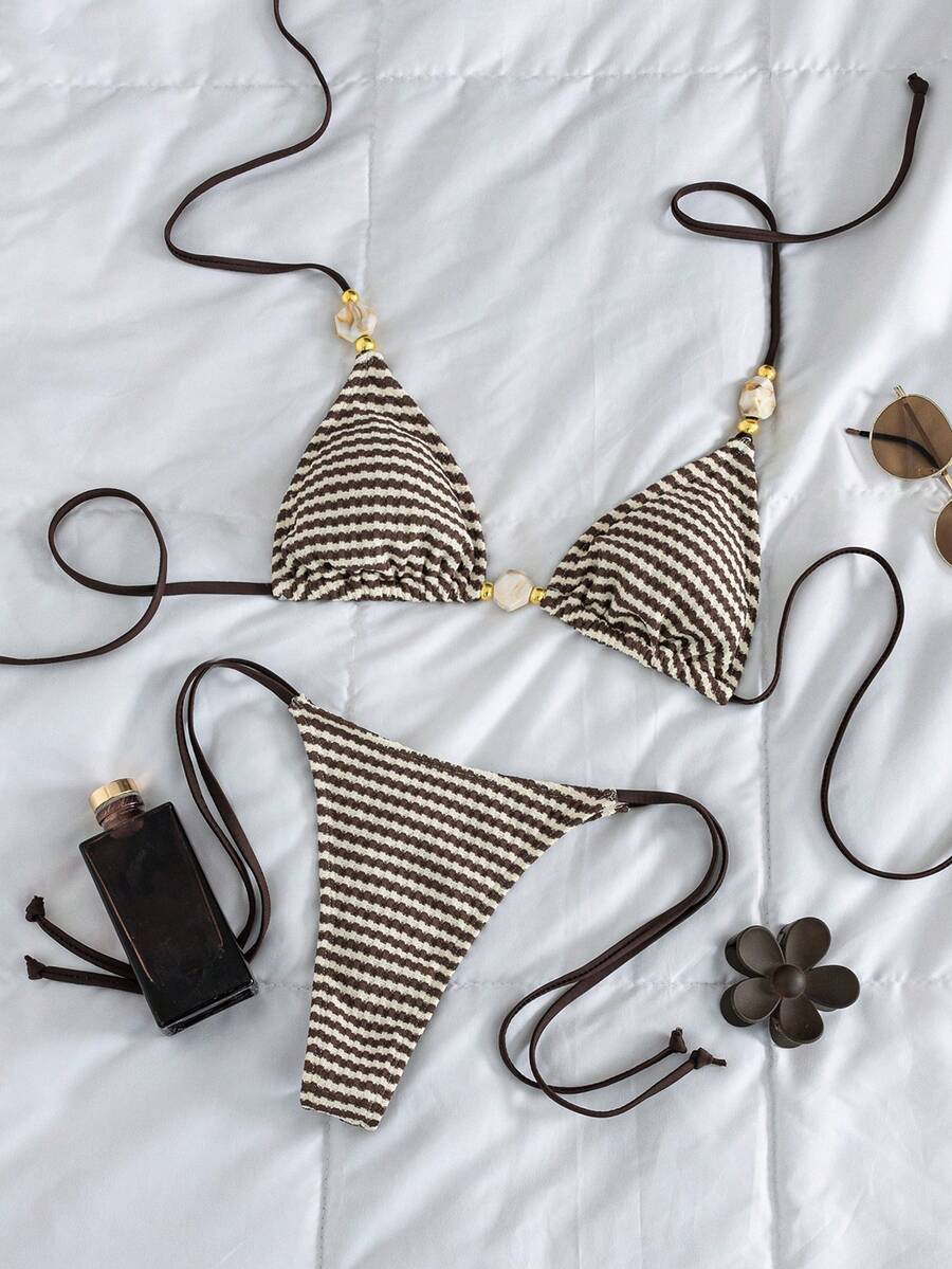 Apricot plain halter triangle bikini swimwear set with tie back top and low waist tie side thong bottom for women