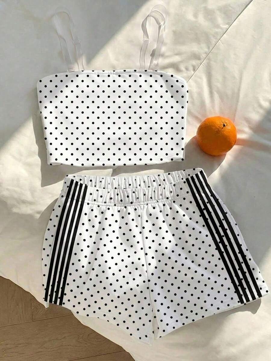 Tween girls two-piece summer outfit featuring a brown strapless tube top with contrast pink tape accent and matching brown shorts with pockets.