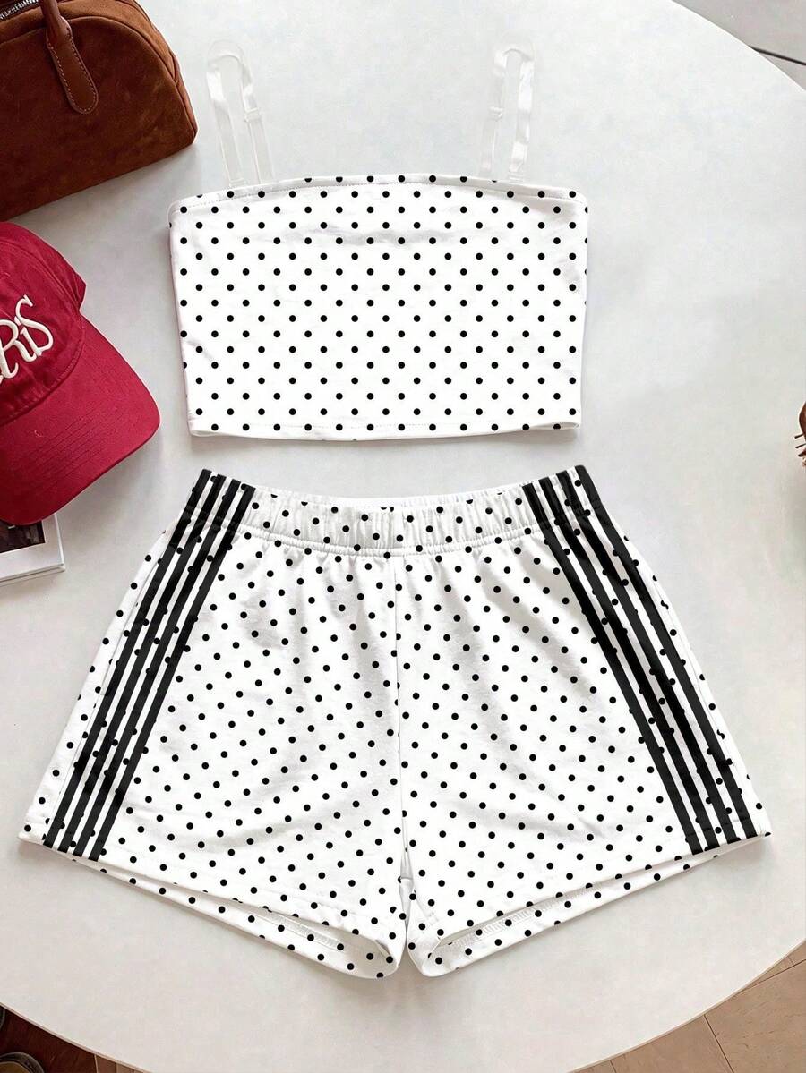 Tween girls two-piece summer outfit featuring a brown strapless tube top with contrast pink tape accent and matching brown shorts with pockets.