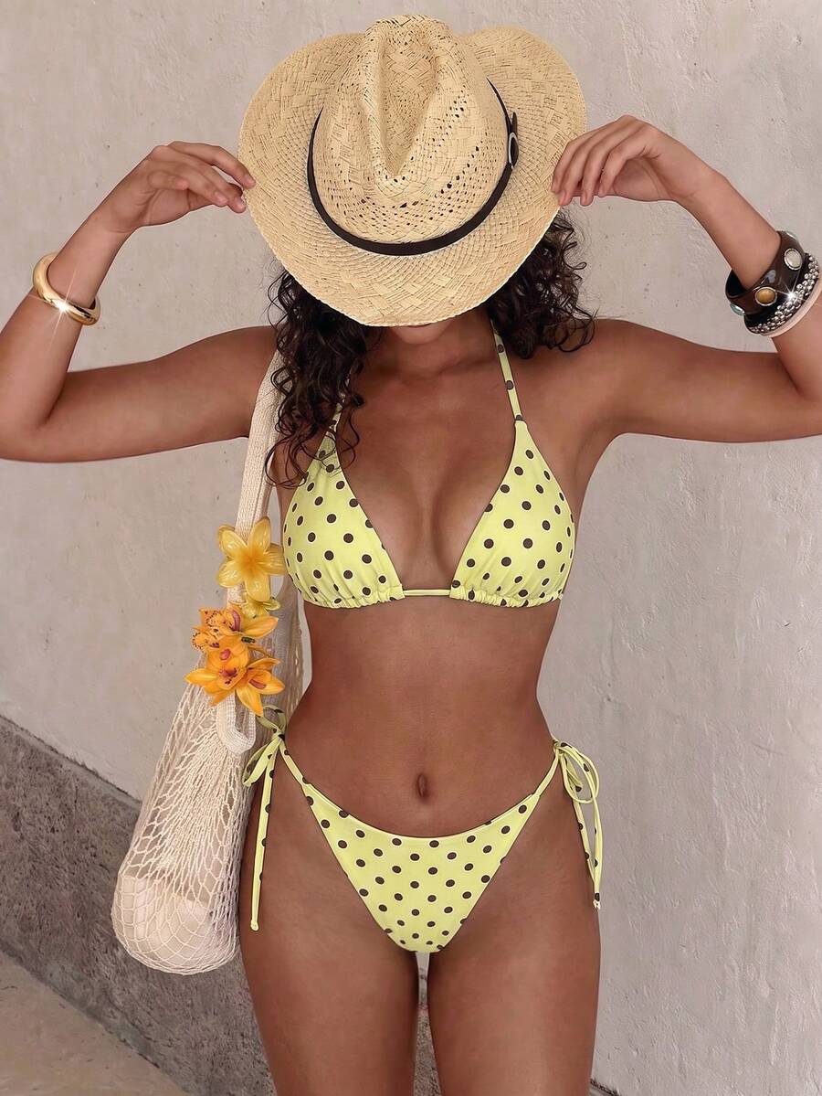 Women's high waist 2-piece triangle bikini set featuring colorblock trim, halter neckline, wireless bra with removable padding, and tie-side bottoms.