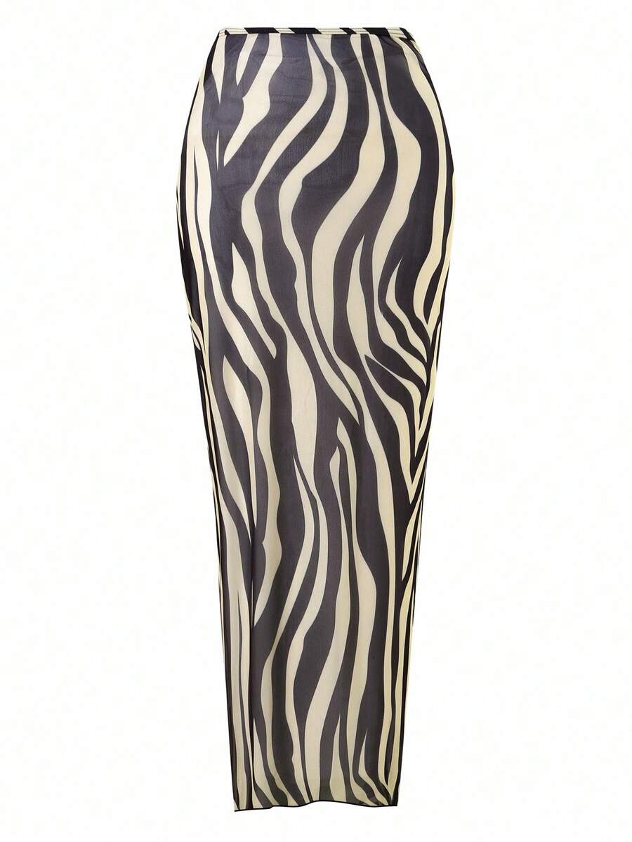 Women's 3-piece zebra print swimwear set featuring a wireless halter top, tie-side bottoms, and a long sheer mesh skirt cover-up.