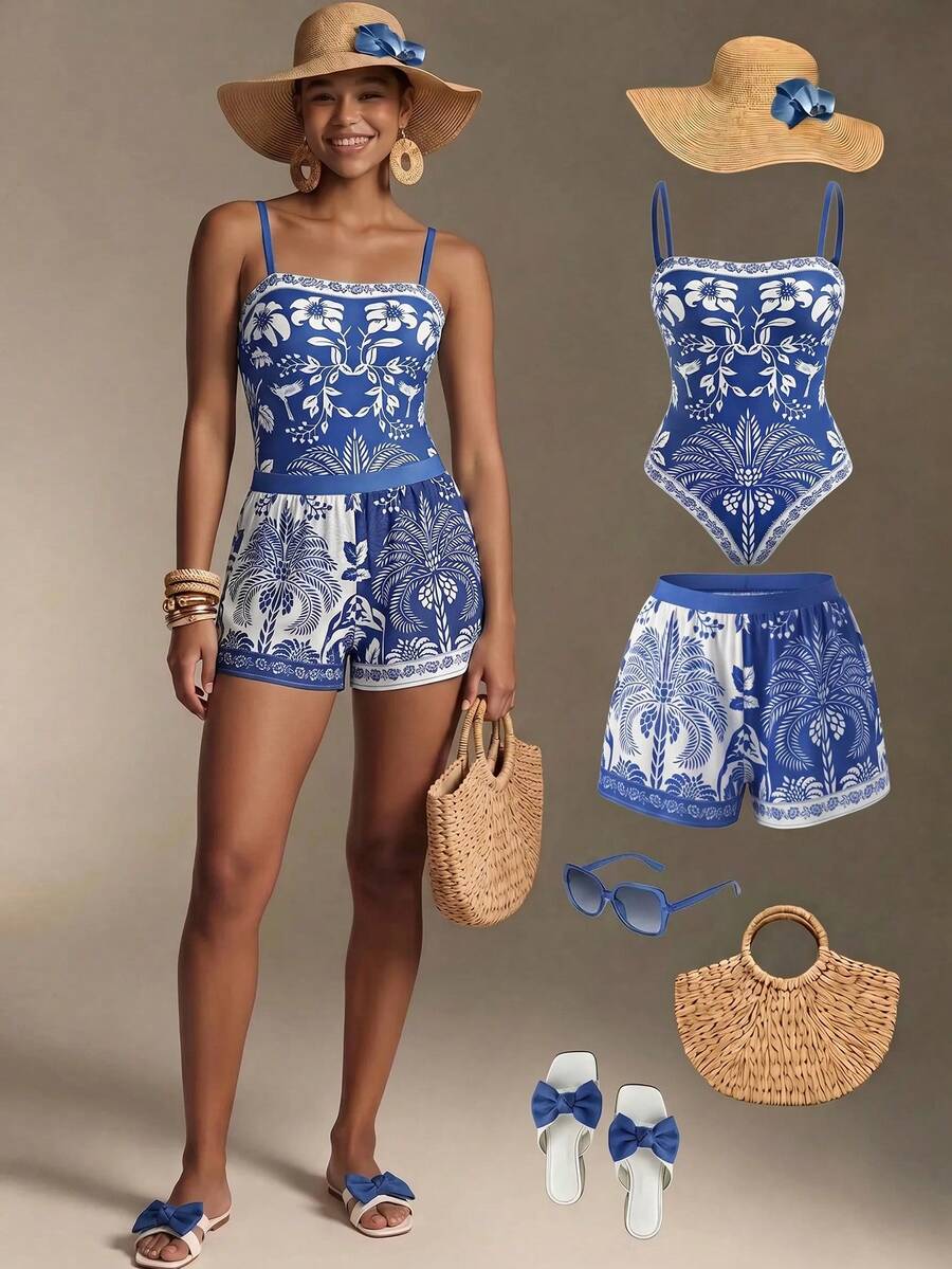 Swim Oasis women's tropical palm tree print army green one-piece swimsuit featuring spaghetti straps, removable padding, and matching shorts for beach vacations.