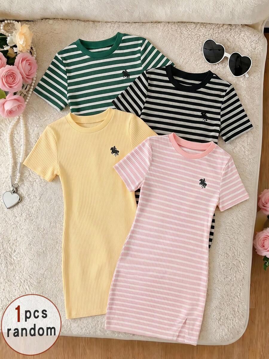 Girls black striped midi dress featuring short sleeves, round neck, slim fit, and flared hem.