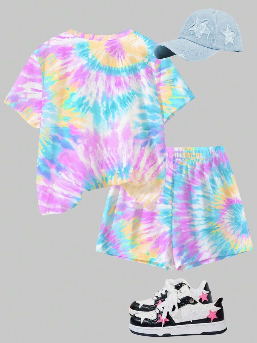 Tween girls multicolor tie-dye 2-piece outfit set featuring a drop-shoulder short-sleeve t-shirt and matching loose track shorts with side pockets.