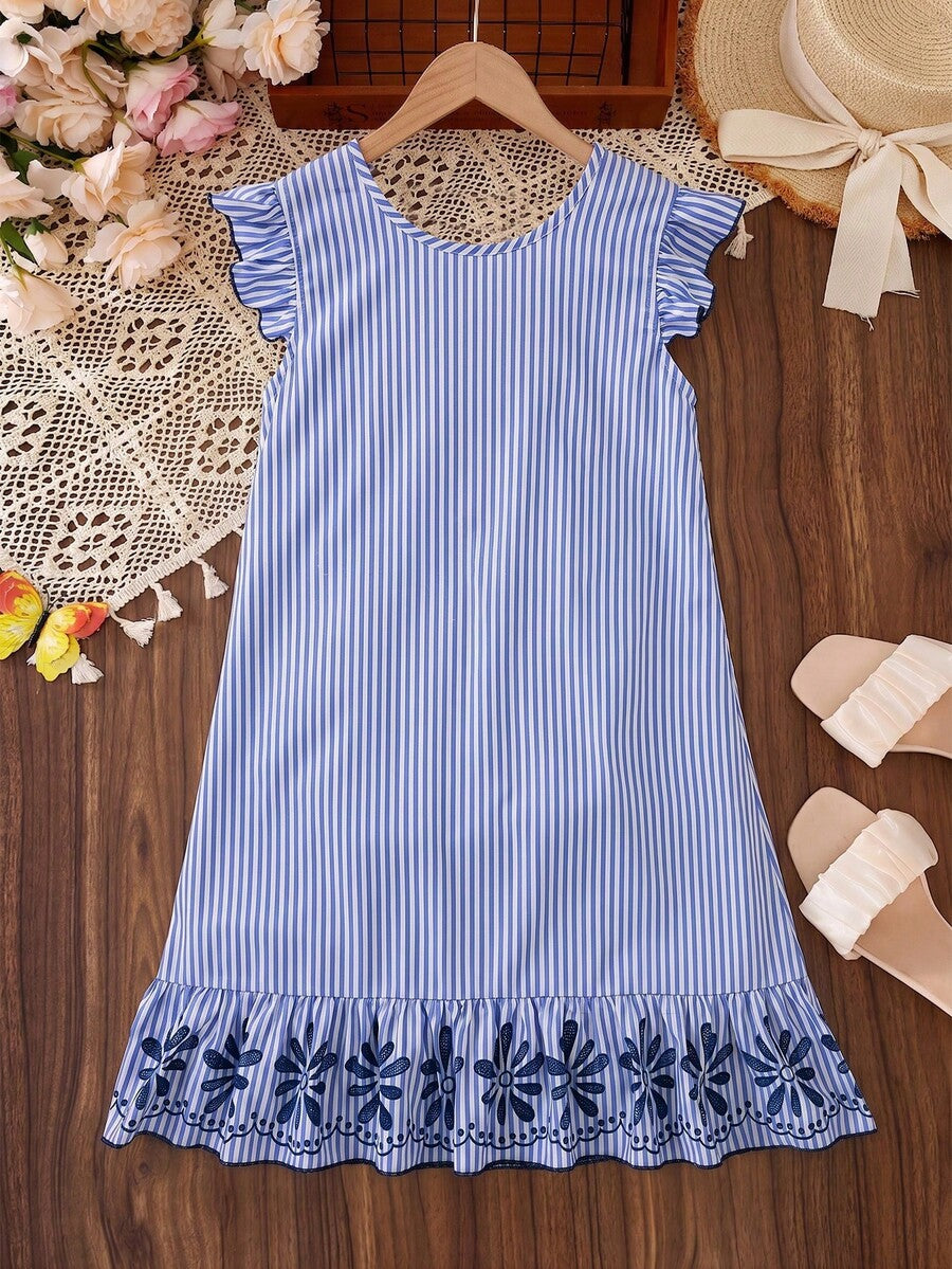 Tween girls apricot vacation midi dress featuring a round neck, cut out details, ruffle flounce accents, and geometric pattern.