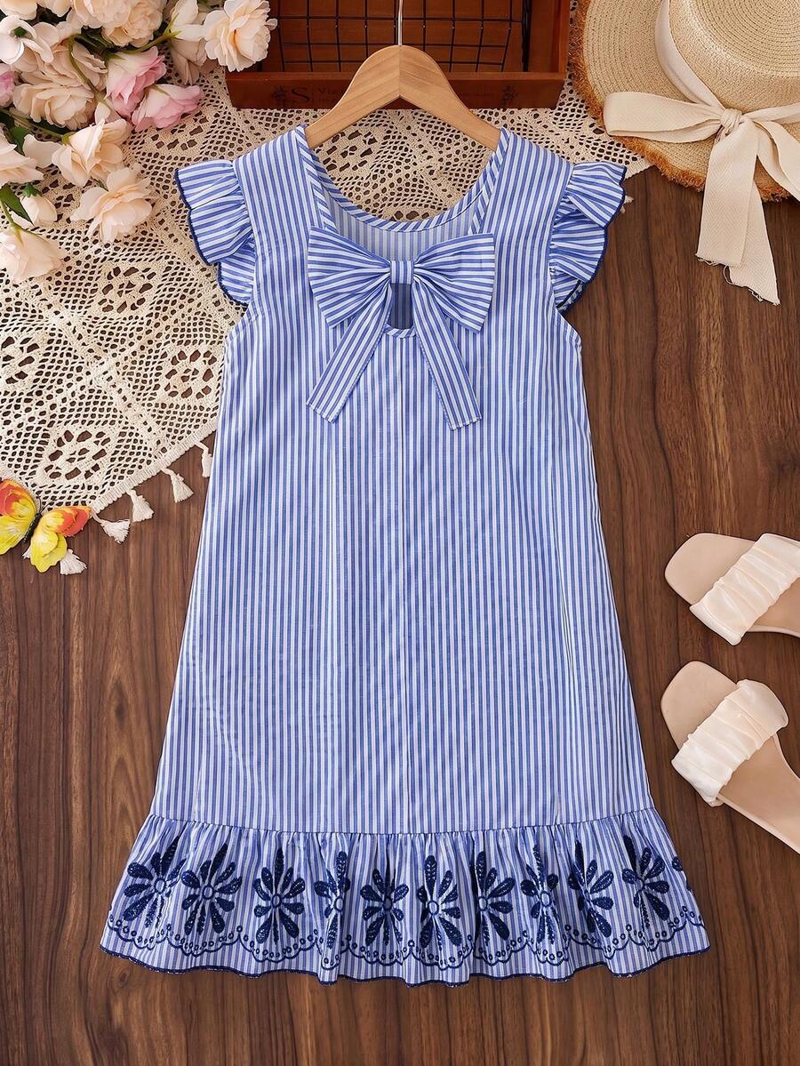 Tween girls apricot vacation midi dress featuring a round neck, cut out details, ruffle flounce accents, and geometric pattern.