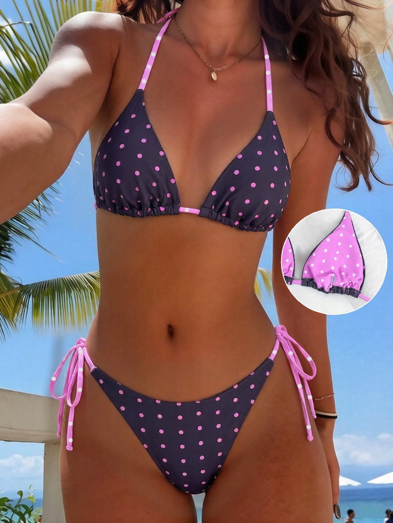 Women's high waist 2-piece triangle bikini set featuring colorblock trim, halter neckline, wireless bra with removable padding, and tie-side bottoms.