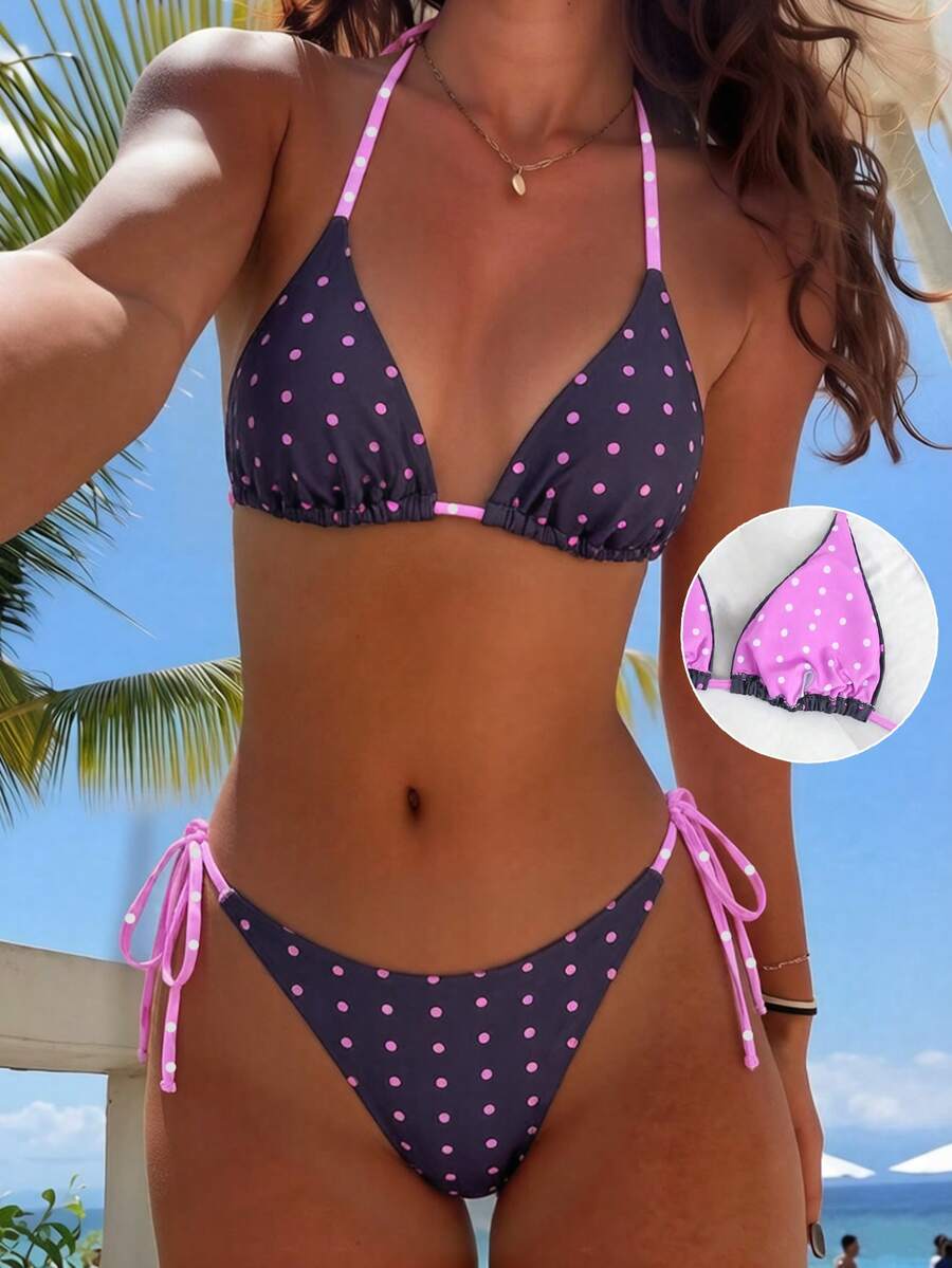 Women's high waist 2-piece triangle bikini set featuring colorblock trim, halter neckline, wireless bra with removable padding, and tie-side bottoms.