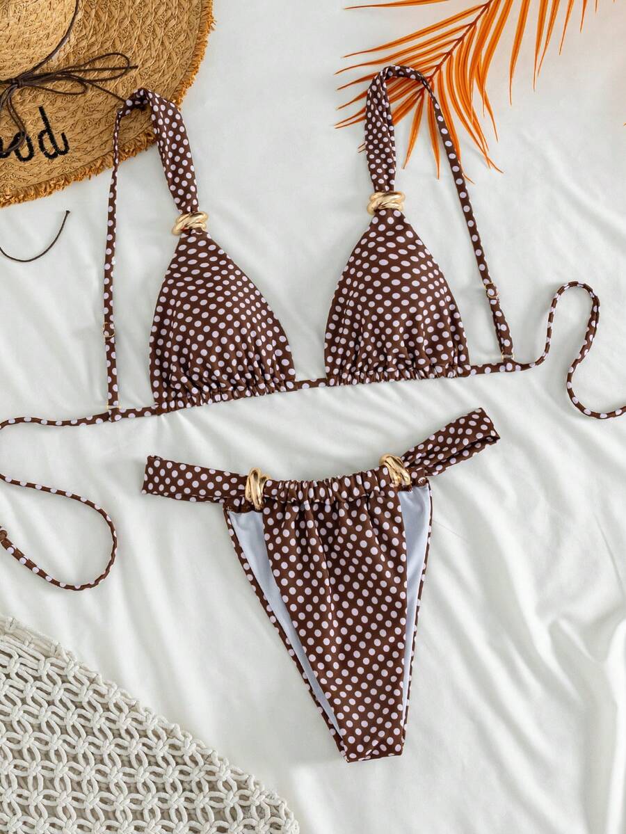 Women's multicolor high waist bikini set with textured pattern, knot details, wireless triangle bra top, and high cut bottoms.
