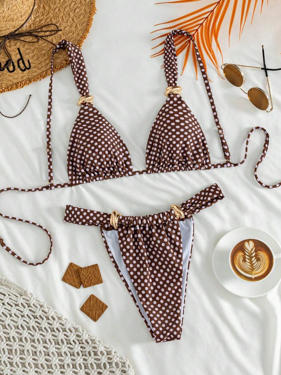 Women's multicolor high waist bikini set with textured pattern, knot details, wireless triangle bra top, and high cut bottoms.