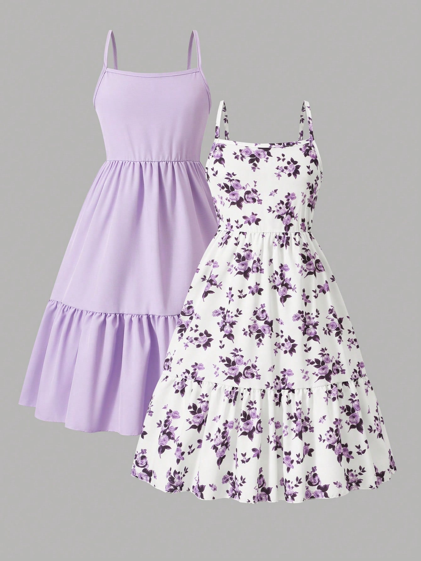 Tween girl blue plant print spaghetti strap cami dress with shirred high waist and flounce ruffled hem