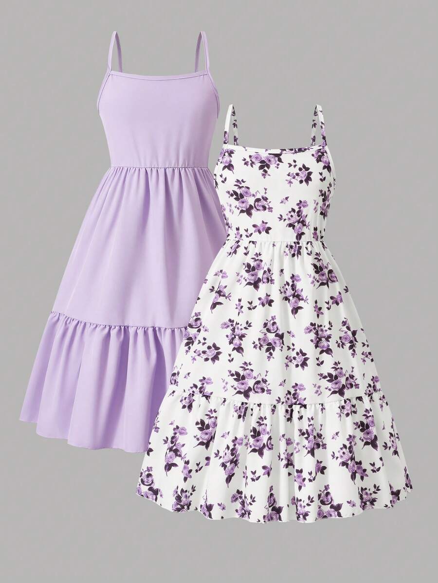 Tween girl blue plant print spaghetti strap cami dress with shirred high waist and flounce ruffled hem