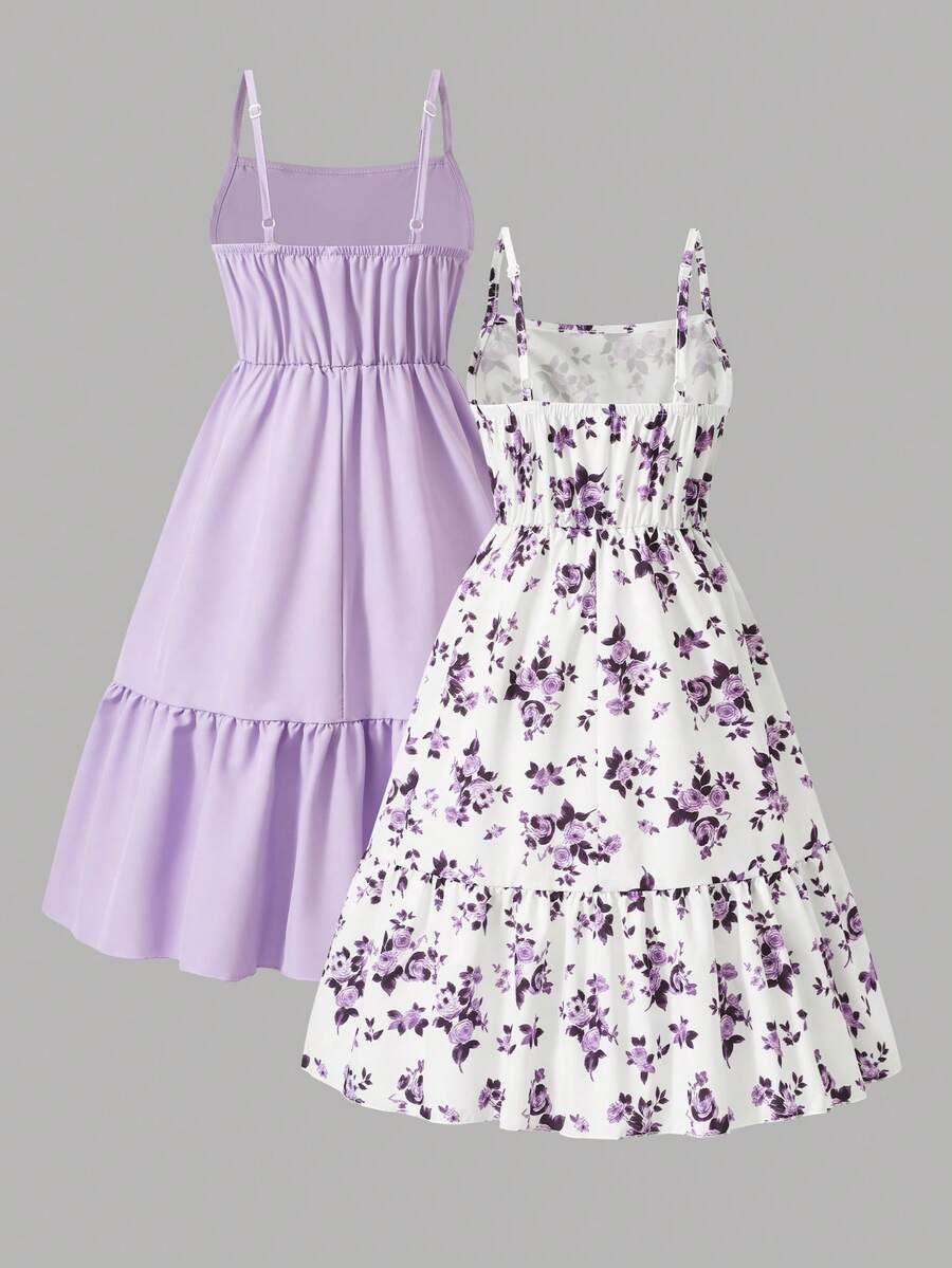 Tween girl blue plant print spaghetti strap cami dress with shirred high waist and flounce ruffled hem