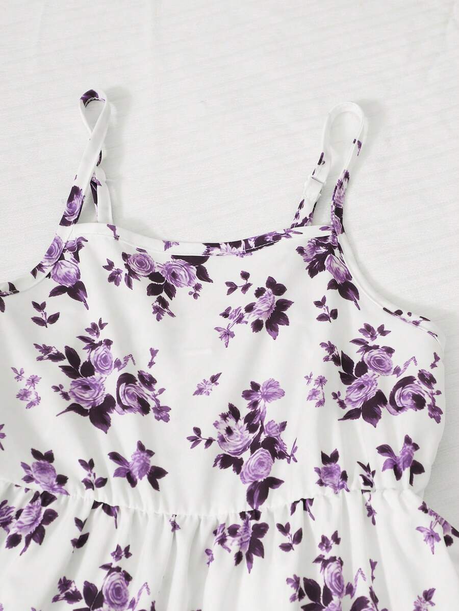 Tween girl blue plant print spaghetti strap cami dress with shirred high waist and flounce ruffled hem