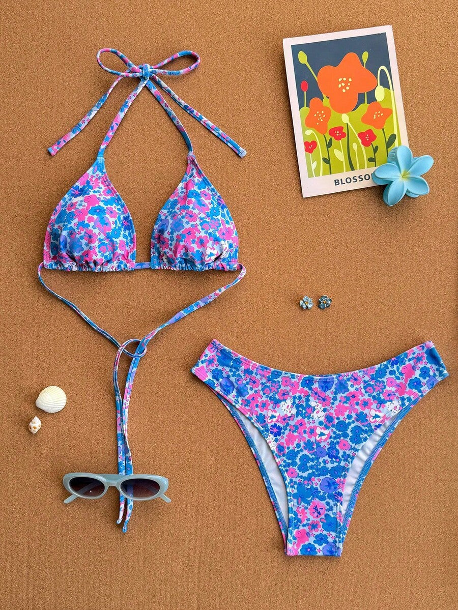 Women's apricot 2-piece halter bikini set featuring a wireless triangle top with tie-back detail and high-waisted high-cut bottoms.