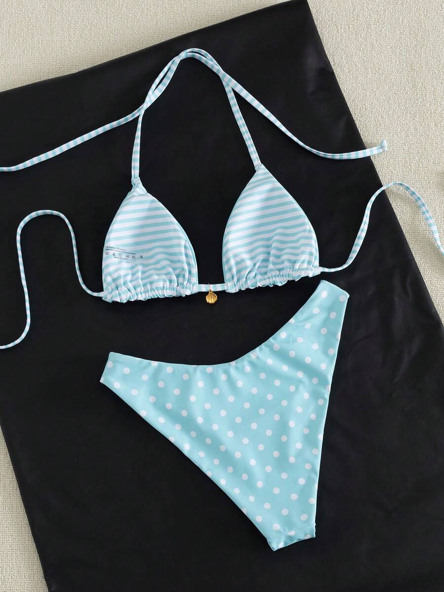 Women's black textured plaid 2-piece bikini set featuring a halter neckline, wireless triangle cups with removable padding, and mid-waist bottoms.
