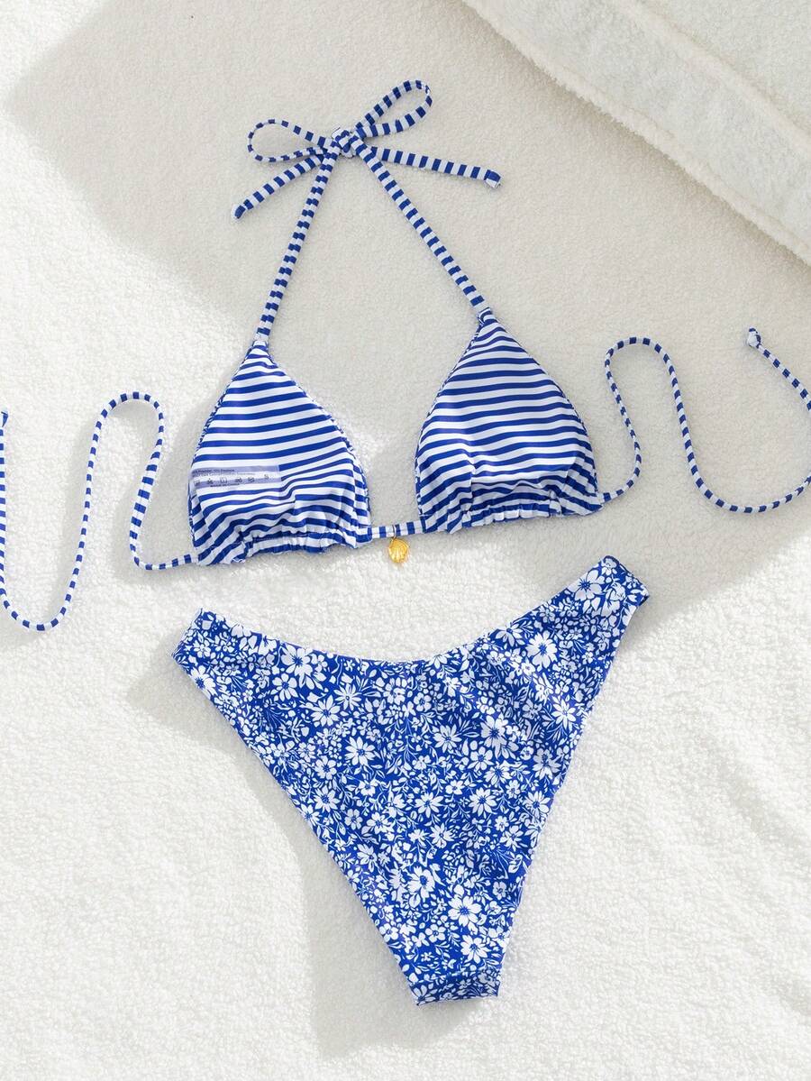 Women's black textured plaid 2-piece bikini set featuring a halter neckline, wireless triangle cups with removable padding, and mid-waist bottoms.