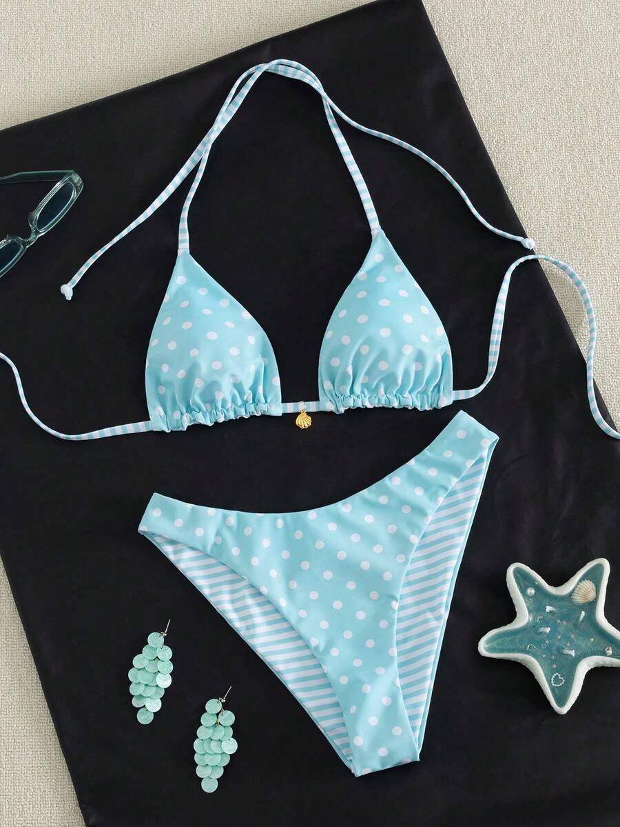 Women's black textured plaid 2-piece bikini set featuring a halter neckline, wireless triangle cups with removable padding, and mid-waist bottoms.