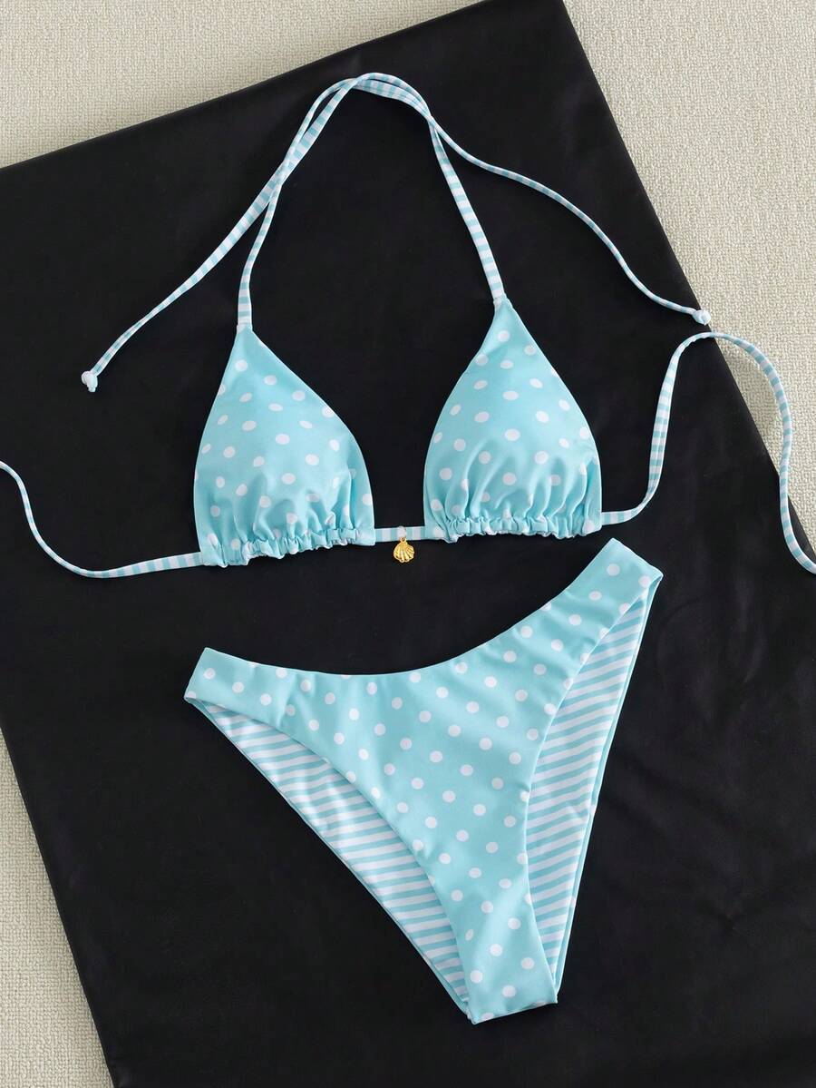 Women's black textured plaid 2-piece bikini set featuring a halter neckline, wireless triangle cups with removable padding, and mid-waist bottoms.
