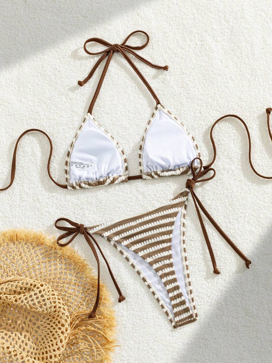 Apricot plain halter triangle bikini swimwear set with tie back top and low waist tie side thong bottom for women