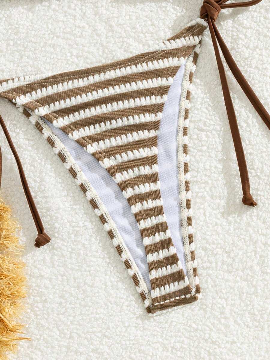 Apricot plain halter triangle bikini swimwear set with tie back top and low waist tie side thong bottom for women