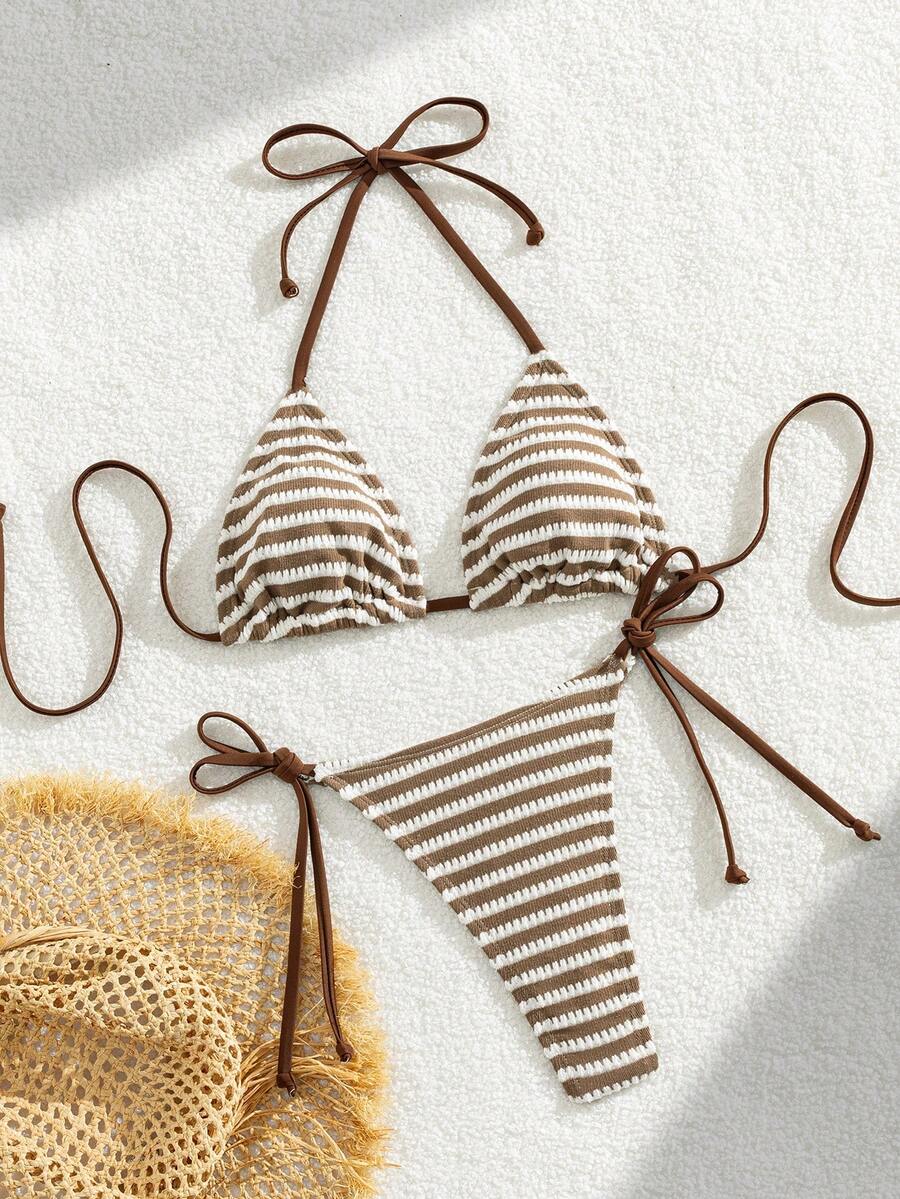 Apricot plain halter triangle bikini swimwear set with tie back top and low waist tie side thong bottom for women