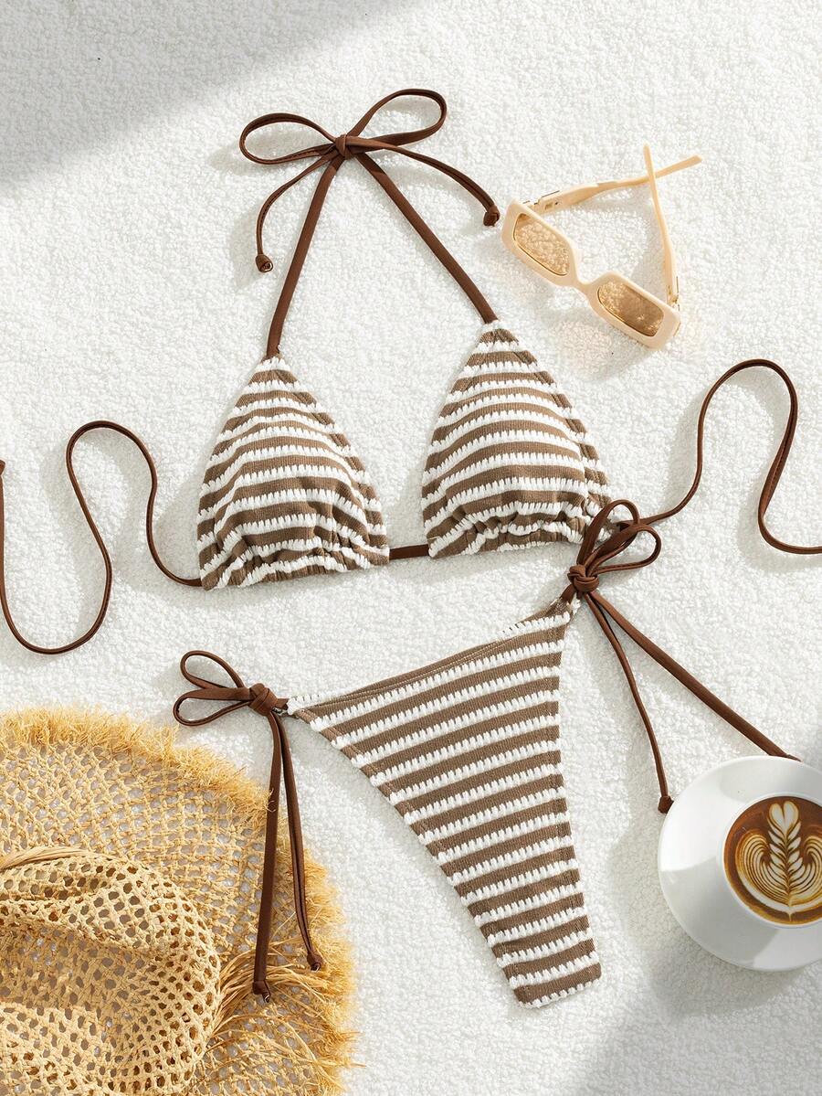 Apricot plain halter triangle bikini swimwear set with tie back top and low waist tie side thong bottom for women