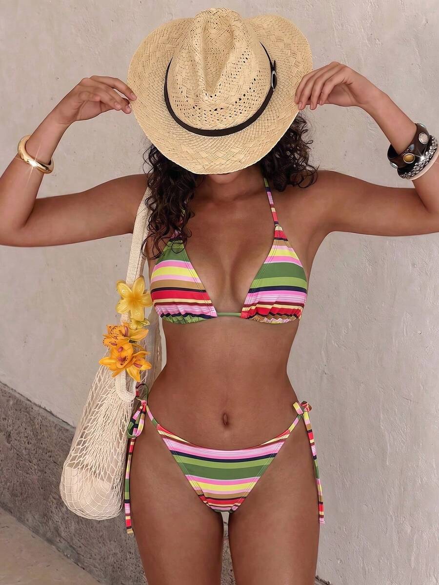 Women's high waist 2-piece triangle bikini set featuring colorblock trim, halter neckline, wireless bra with removable padding, and tie-side bottoms.