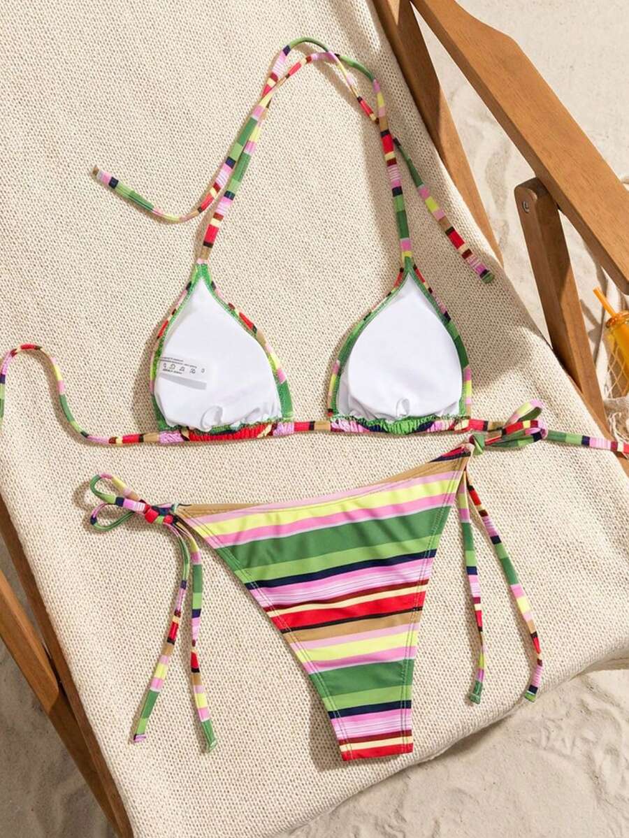 Women's high waist 2-piece triangle bikini set featuring colorblock trim, halter neckline, wireless bra with removable padding, and tie-side bottoms.