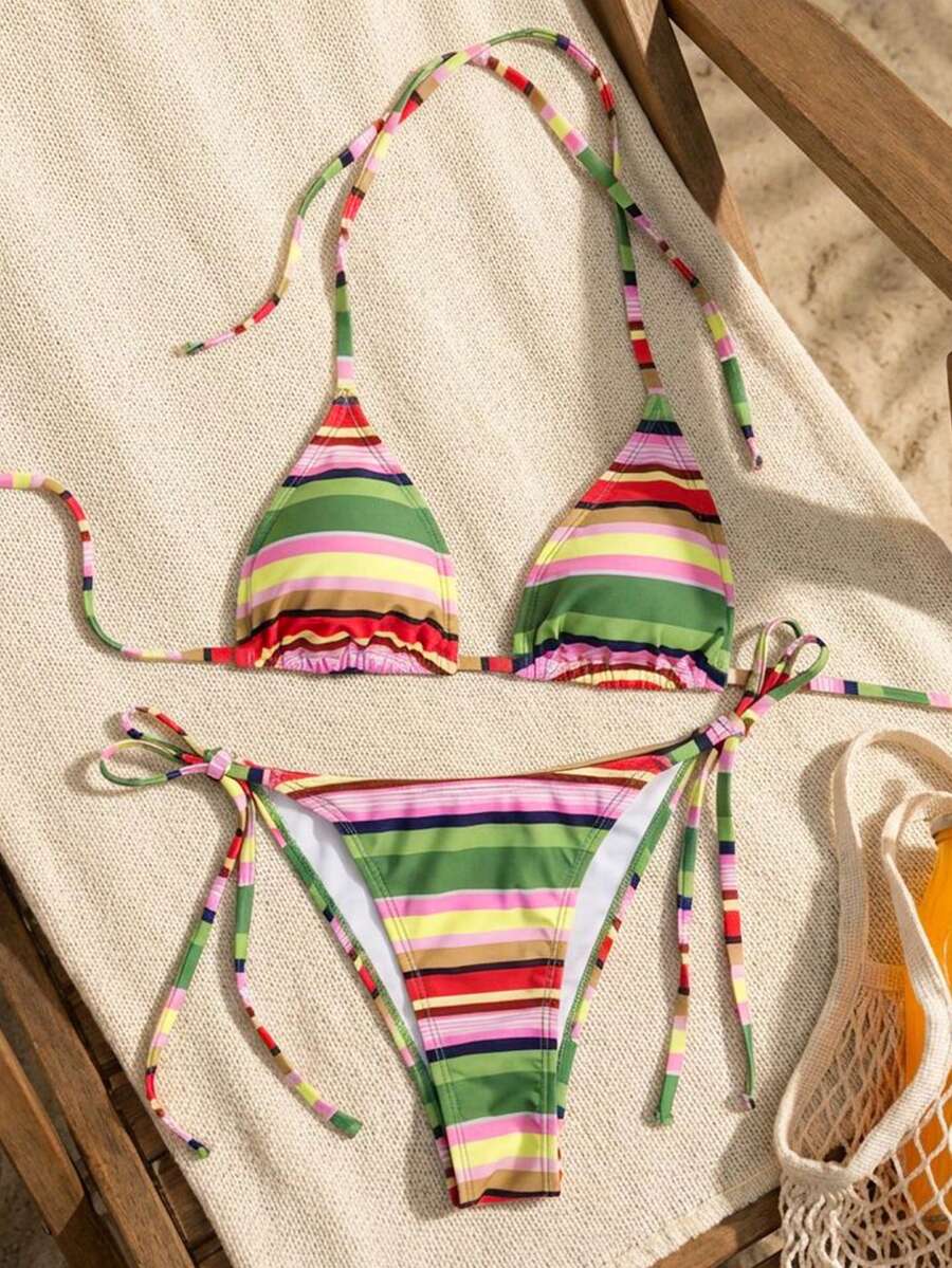 Women's high waist 2-piece triangle bikini set featuring colorblock trim, halter neckline, wireless bra with removable padding, and tie-side bottoms.